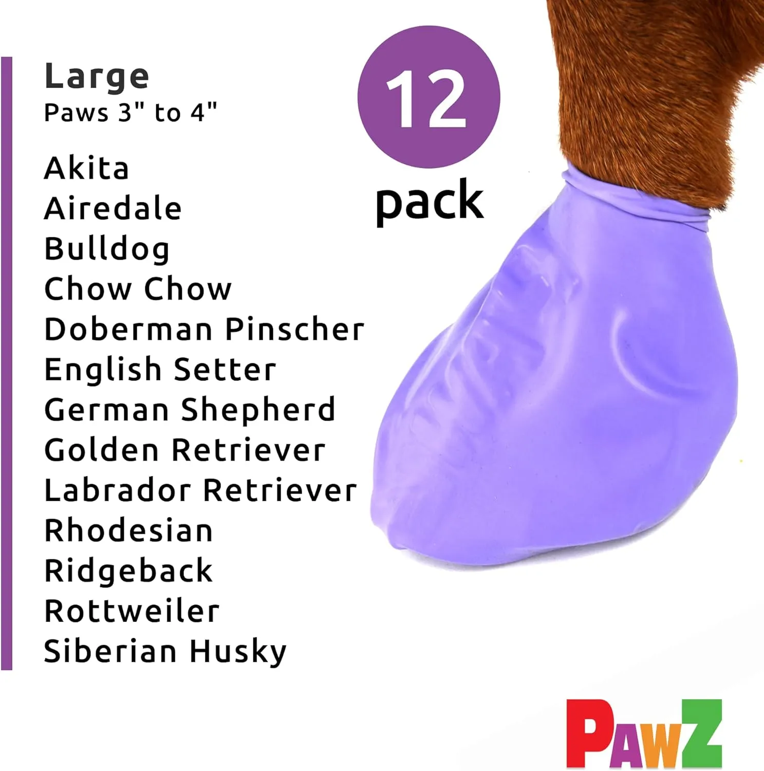 PawZ Rubber Dog Boots for Paws up to 4" - Dog Booties for Hot Pavement, Anti Slip Dog Socks, 12 Reusable Paws Waterproof Dog Boots, L, Purple