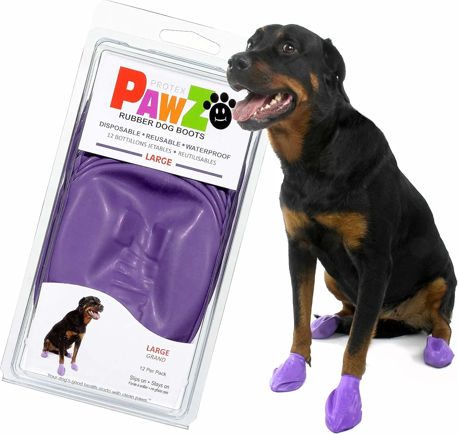 PawZ Rubber Dog Boots for Paws up to 4" - Dog Booties for Hot Pavement, Anti Slip Dog Socks, 12 Reusable Paws Waterproof Dog Boots, L, Purple
