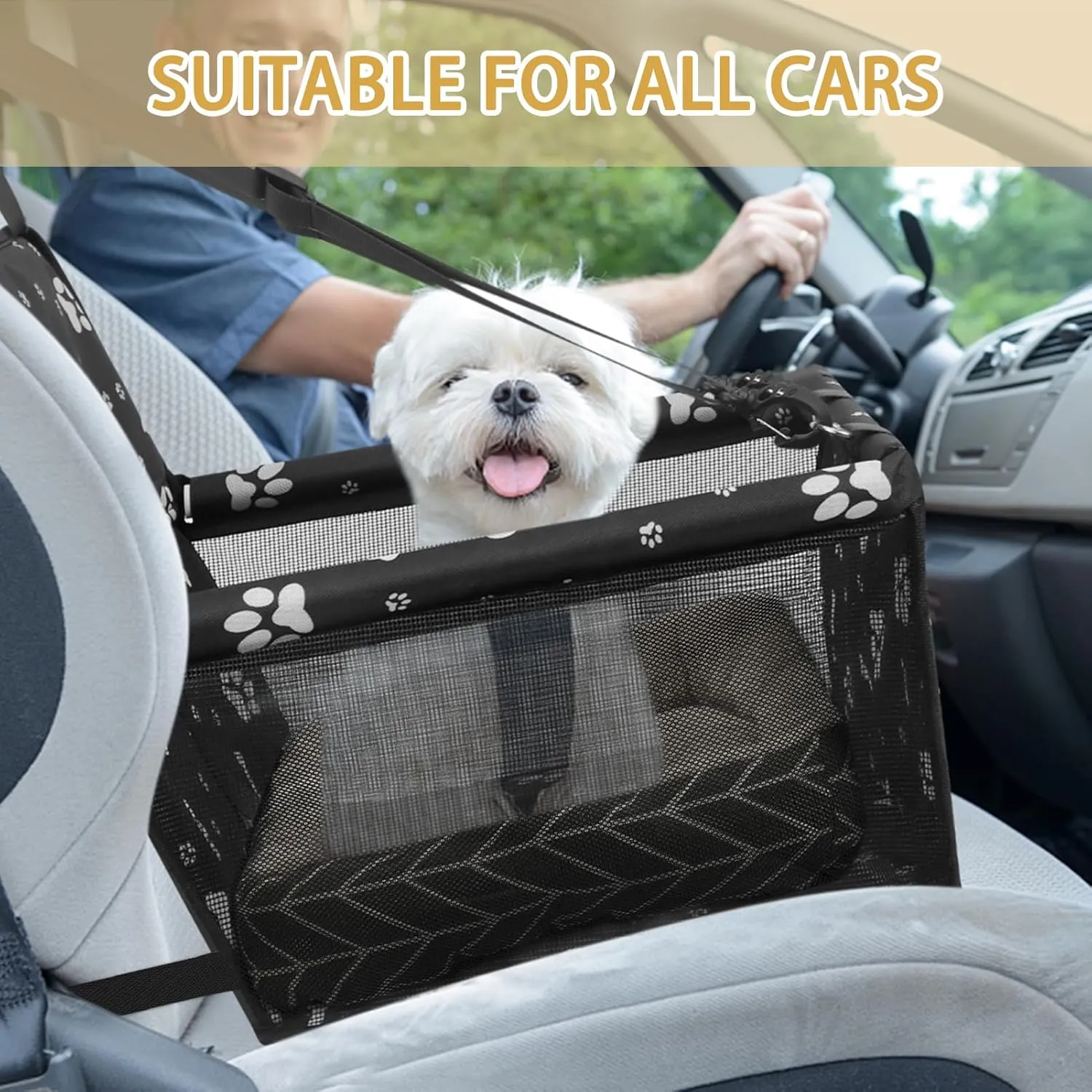 PetsHome Dog Car Seat Foldable Dog Car Booster Seat Waterproof Breathable Oxford Travel Bag for Small to Medium Dogs, Puppies, and Pets-Pattern Black Mat