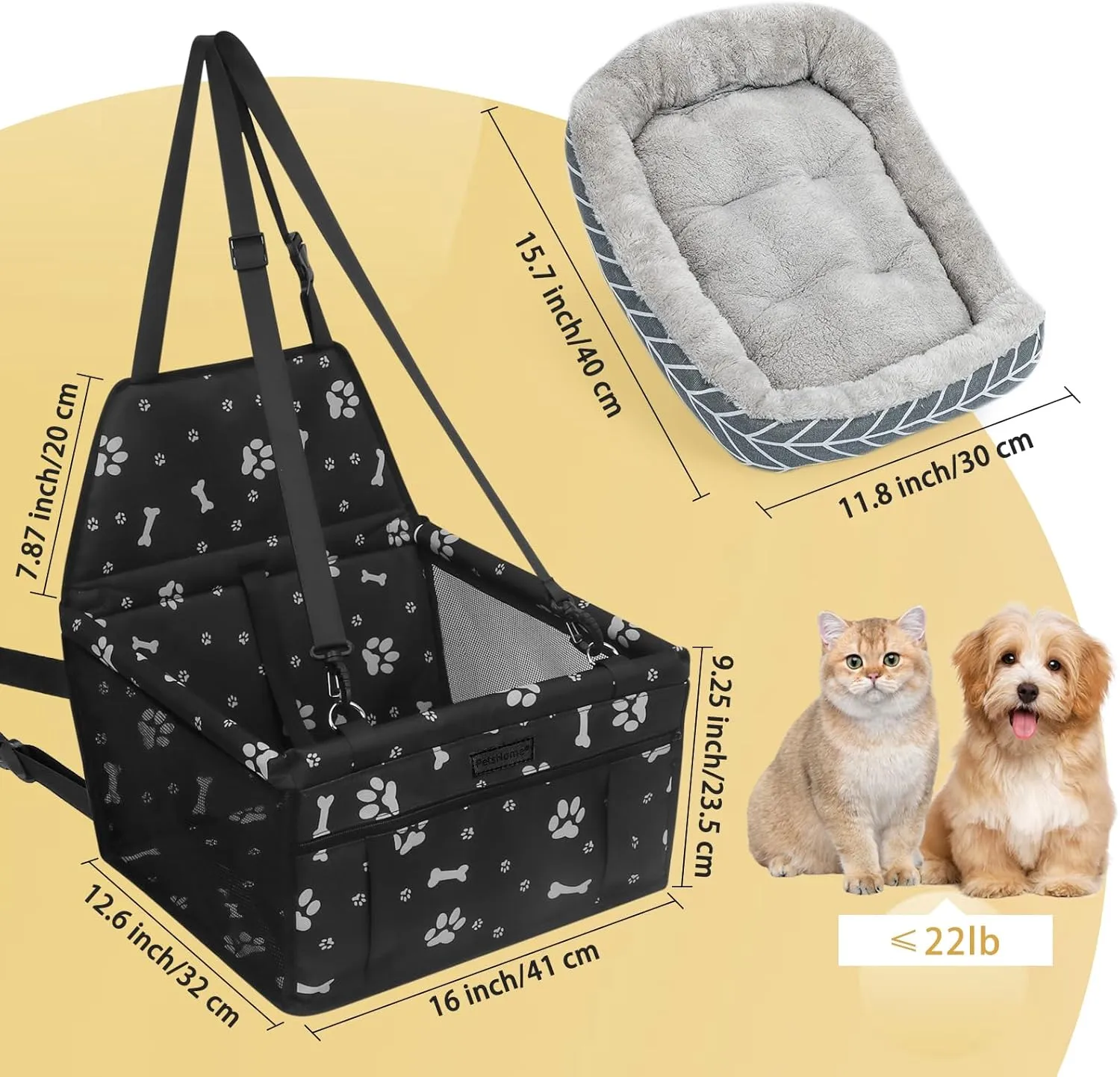 PetsHome Dog Car Seat Foldable Dog Car Booster Seat Waterproof Breathable Oxford Travel Bag for Small to Medium Dogs, Puppies, and Pets-Pattern Black Mat