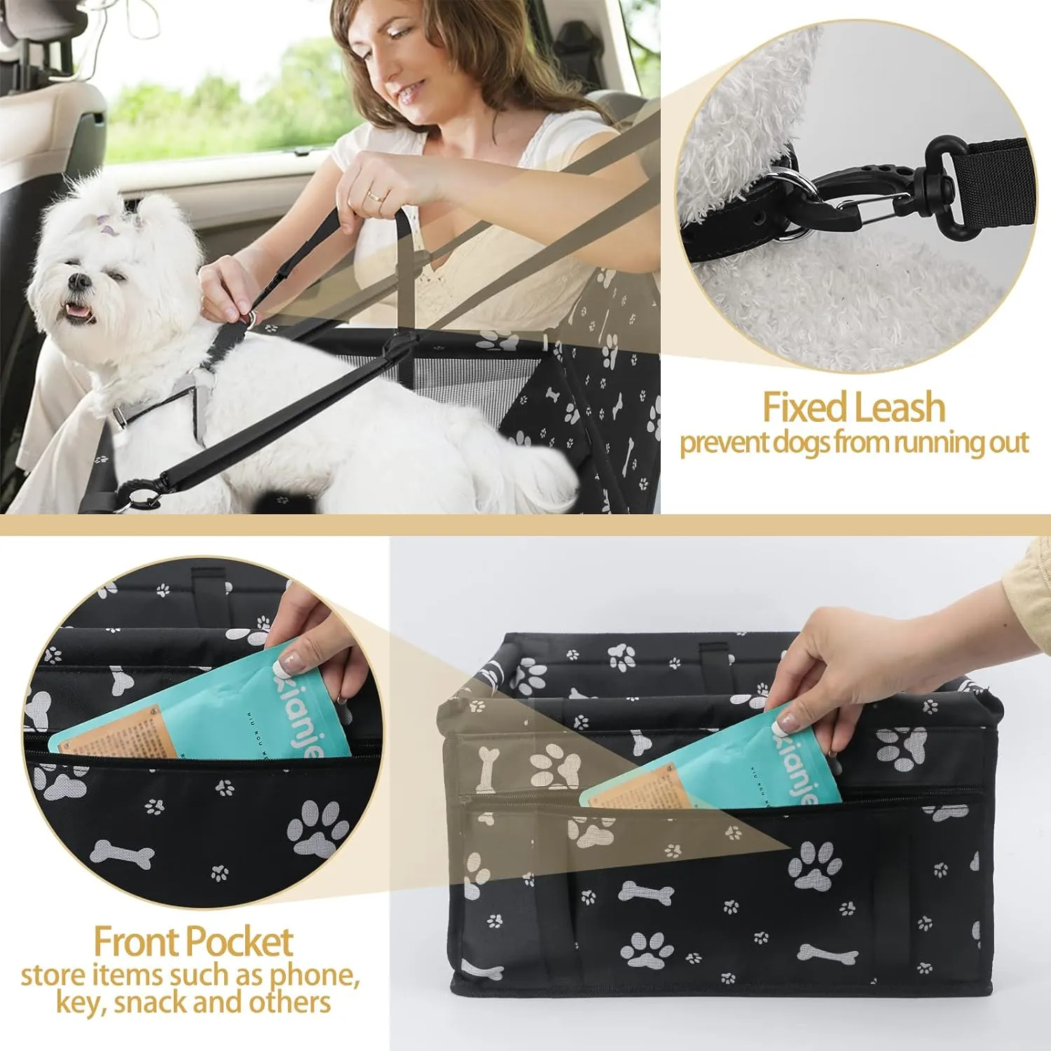 PetsHome Dog Car Seat Foldable Dog Car Booster Seat Waterproof Breathable Oxford Travel Bag for Small to Medium Dogs, Puppies, and Pets-Pattern Black Mat