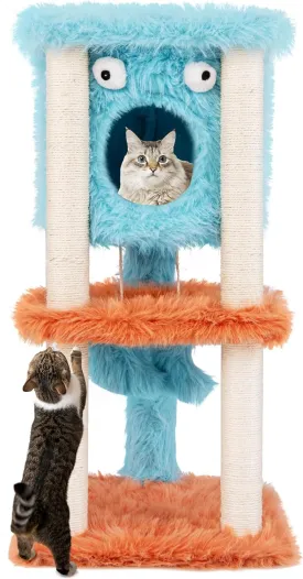 PETSITE 34 inch Monster-Themed Cute Cat Tree, Modern Cat Tree Tower with Sisal Scratching Posts, Cat Condo, and Hanging Dangling Toys, Long Plush Covered Surface