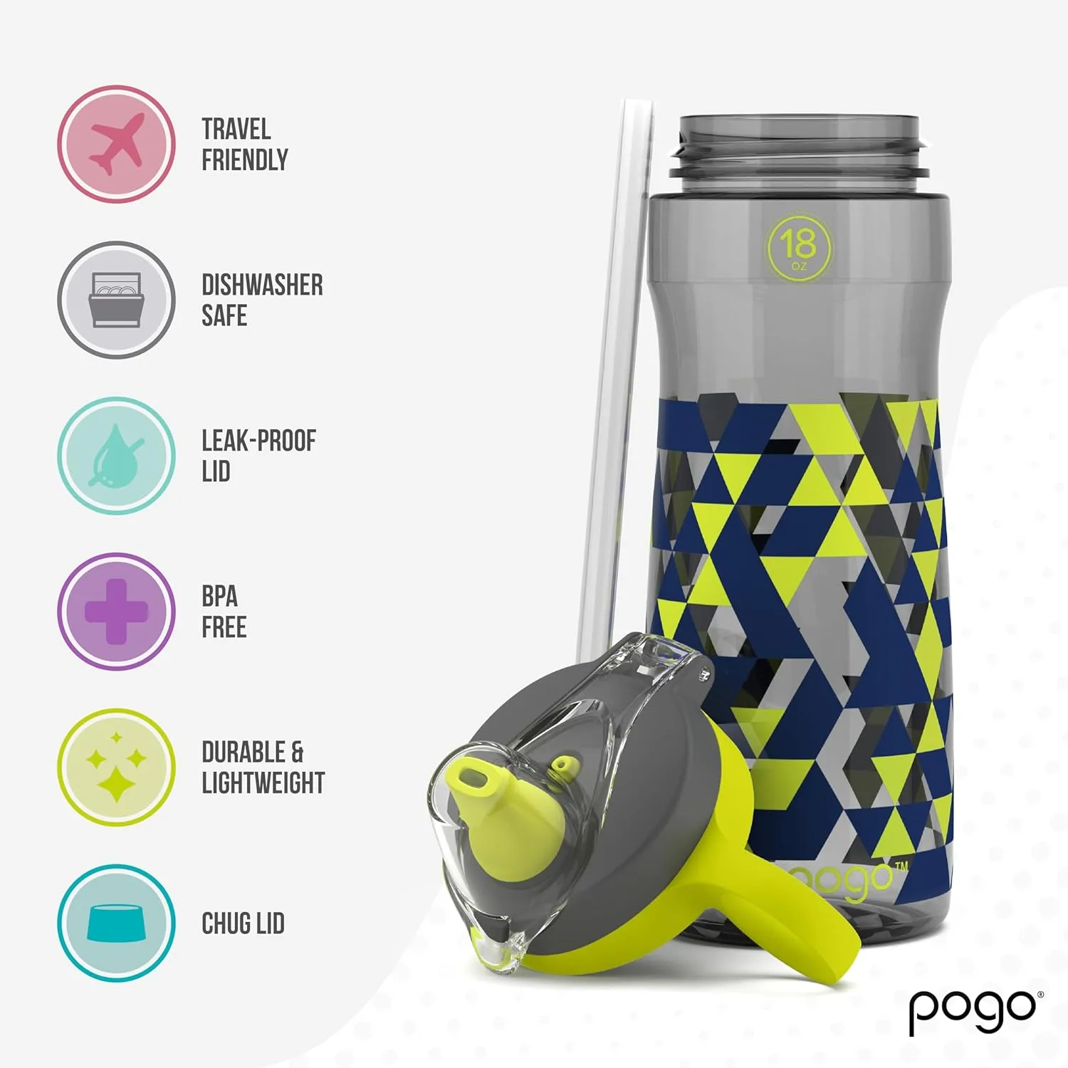 Pogo 18oz Plastic Water Bottle with Straw Lid with Carry Handle, Reusable, BPA Free, Dishwasher Safe, Perfect for Travel, School, Outdoors, and Gym