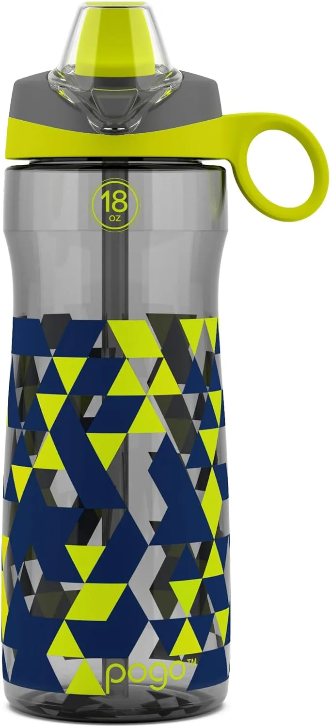 Pogo 18oz Plastic Water Bottle with Straw Lid with Carry Handle, Reusable, BPA Free, Dishwasher Safe, Perfect for Travel, School, Outdoors, and Gym