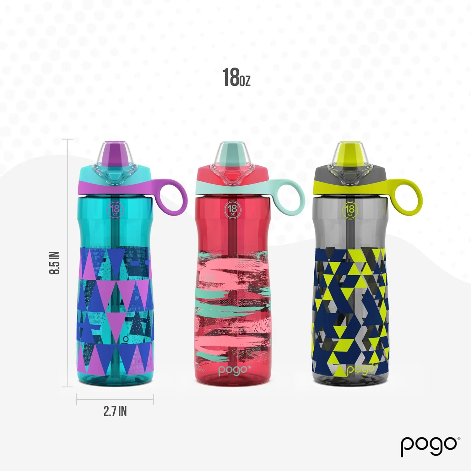 Pogo 18oz Plastic Water Bottle with Straw Lid with Carry Handle, Reusable, BPA Free, Dishwasher Safe, Perfect for Travel, School, Outdoors, and Gym