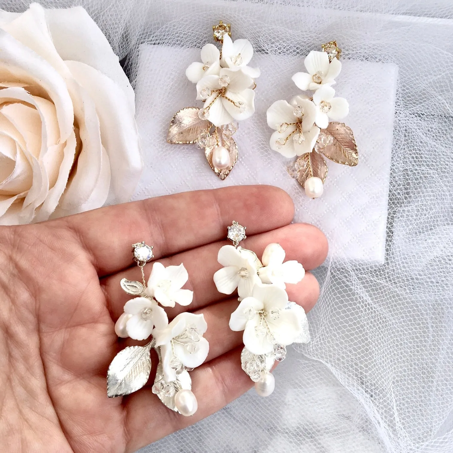 "McKenna" - Ceramic Flowers Bridal Hair Comb and Earrings Set - Available in Gold and Silver