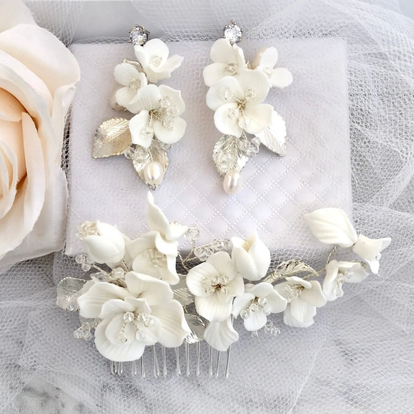 "McKenna" - Ceramic Flowers Bridal Hair Comb and Earrings Set - Available in Gold and Silver
