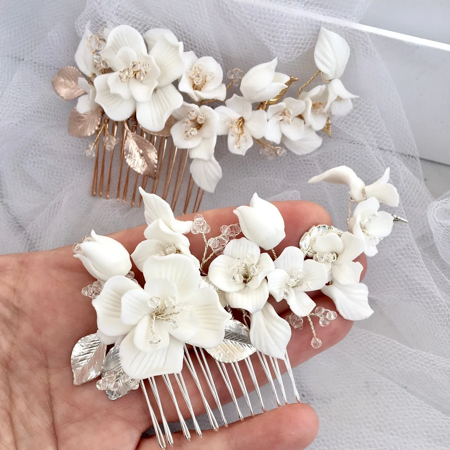 "McKenna" - Ceramic Flowers Bridal Hair Comb and Earrings Set - Available in Gold and Silver