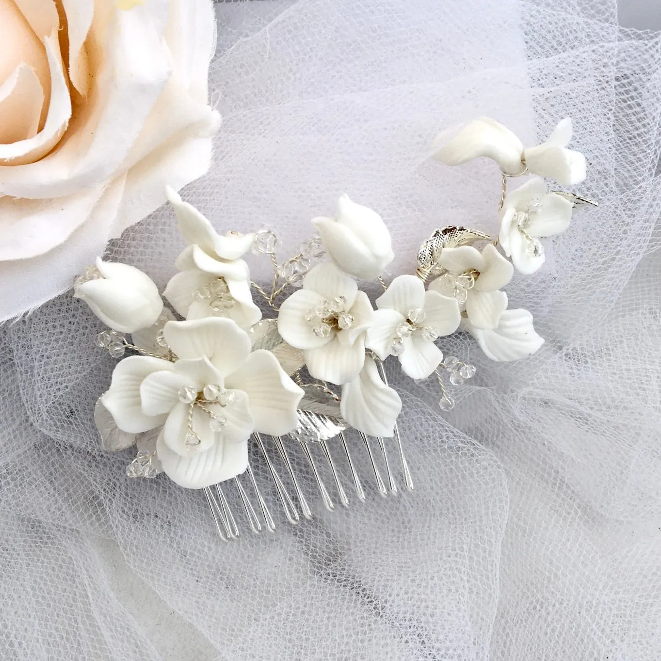 "McKenna" - Ceramic Flowers Bridal Hair Comb and Earrings Set - Available in Gold and Silver