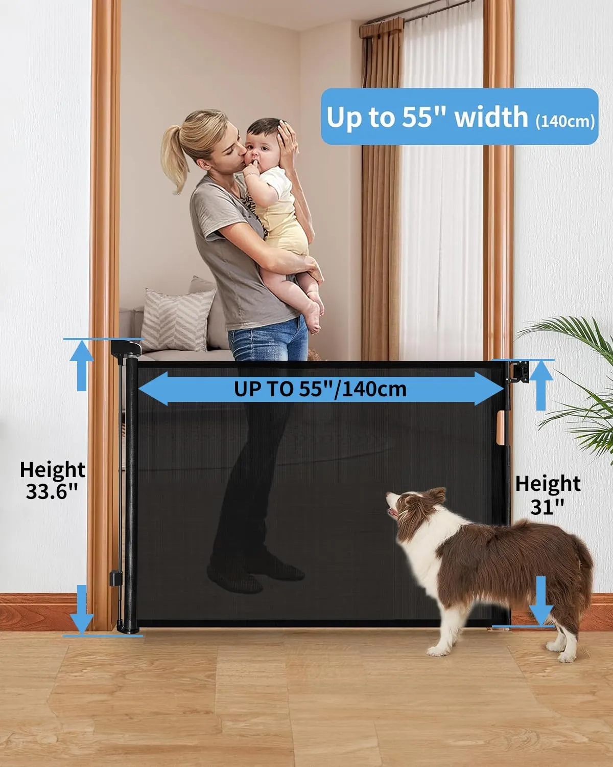 Retractable Baby Gate,Mesh Baby Gate or Mesh Dog Gate,33" Tall,Extends up to 55" Wide,Child Safety Gate for Doorways, Stairs, Hallways, Indoor/OutdoorBlack,33"x55"