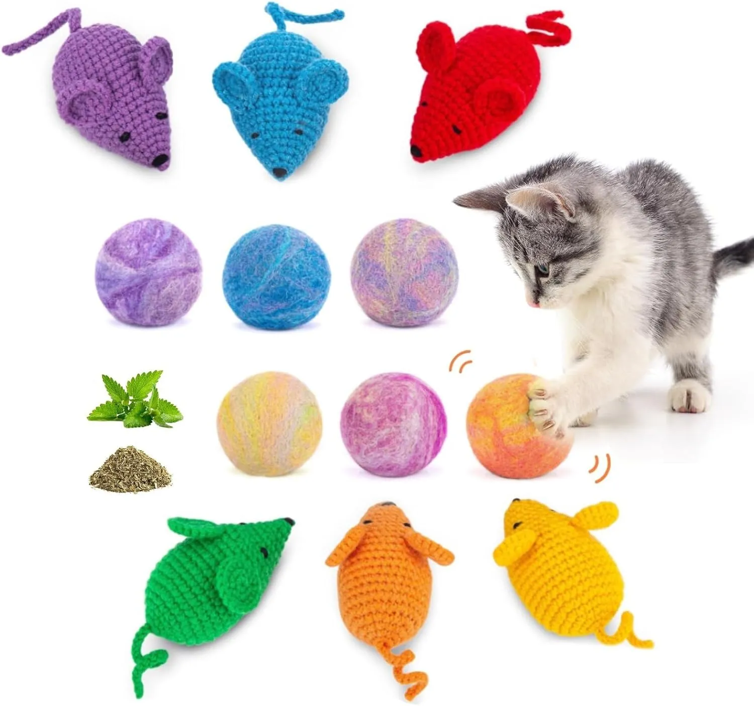 Retro Shaw Catnip Toys Crochet Mouse 6 Pcs, Catnip Ball with Bell Inside 6 Pcs