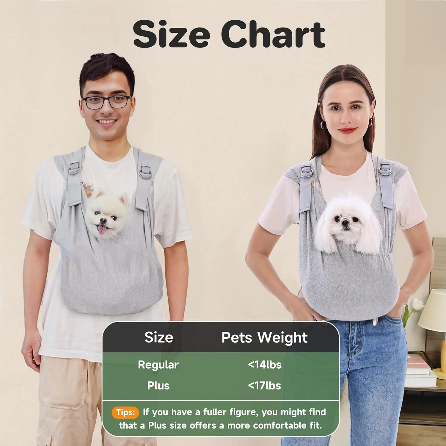 Supet Cat Sling Carrier Chest, Anti-Anxiety Hands-Free Front Dog Carriers for Small Dog, Soft Cotton Pet Sling Carrier, Adjustable Swaddle Wrap, Reducing Back Neck Pain(Plus, Grey)