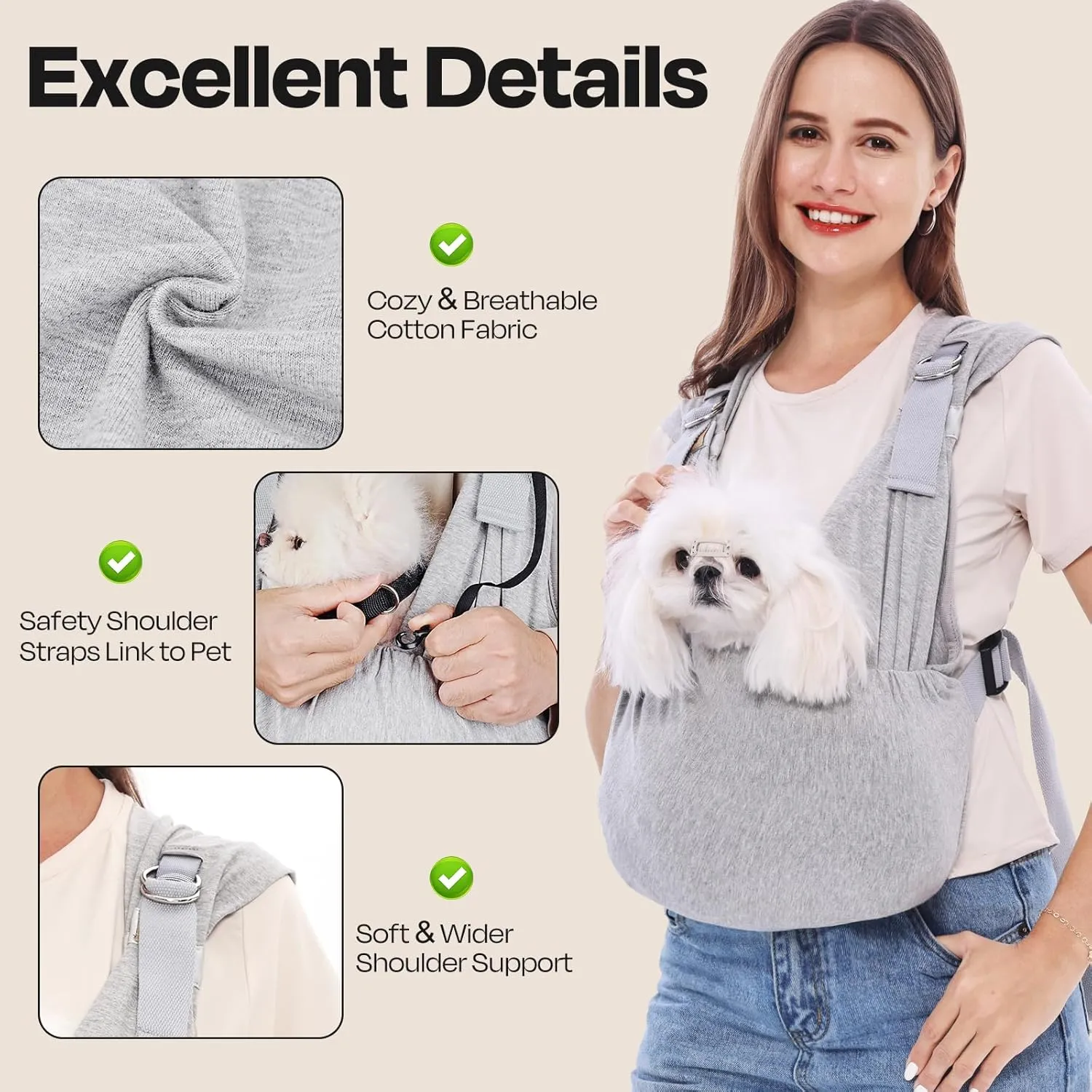 Supet Cat Sling Carrier Chest, Anti-Anxiety Hands-Free Front Dog Carriers for Small Dog, Soft Cotton Pet Sling Carrier, Adjustable Swaddle Wrap, Reducing Back Neck Pain(Plus, Grey)