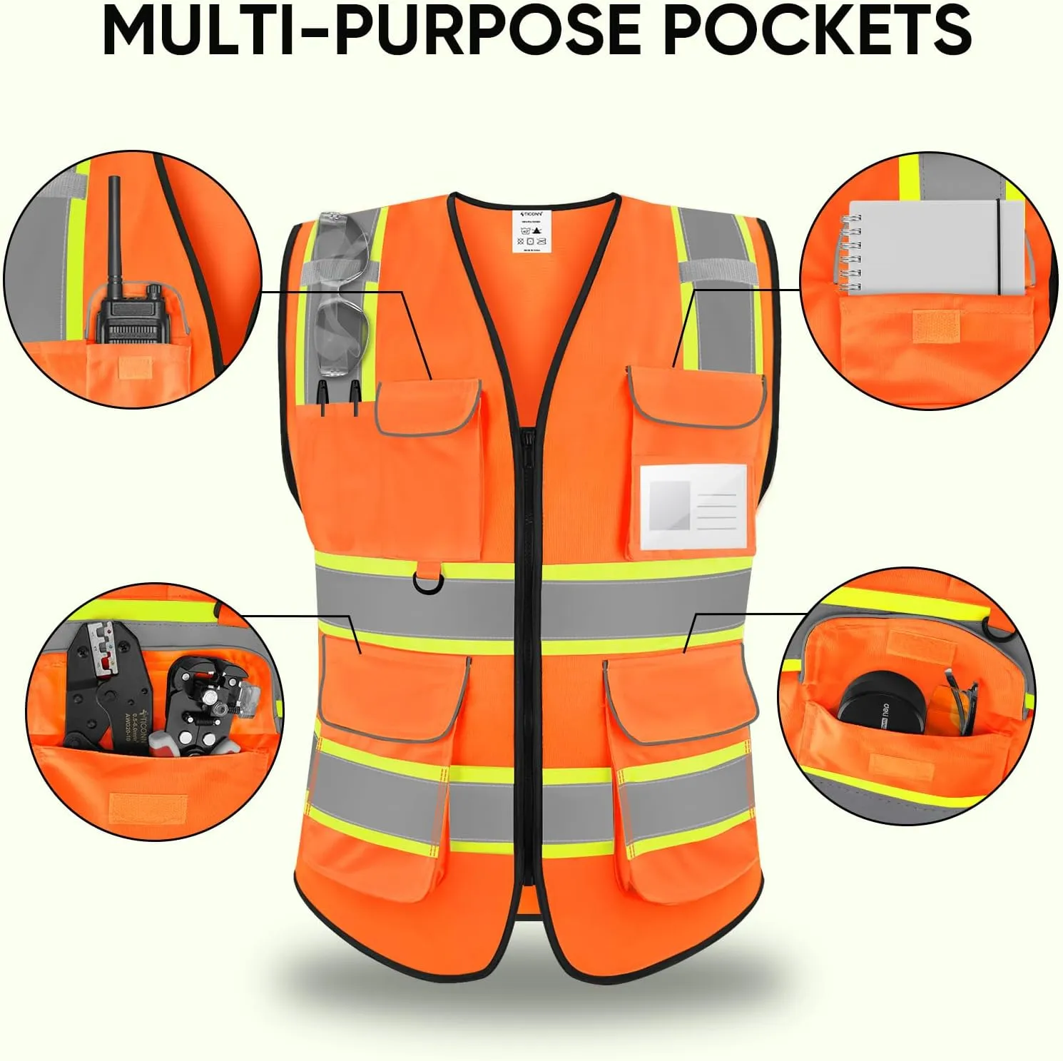 TICONN Reflective Safety Vest High Visibility Class II Mesh Vest for Women & Men Meets ANSI Standards