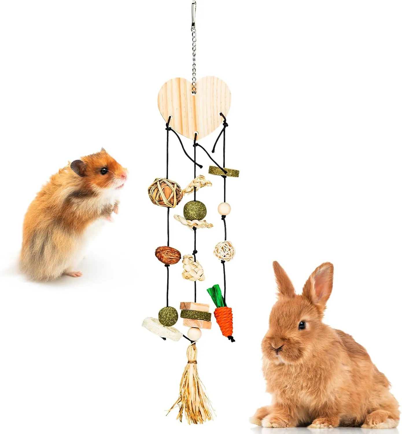 tifanso Rabbit Chew Toys for Teeth, 3 Strings Bunny Chew Toys and Treats, Guinea Pig Cage Hanging Treats with Different Shape, Natural Hamster Stuff Handwoven Cage Accessories for Bunny, Chinchillas